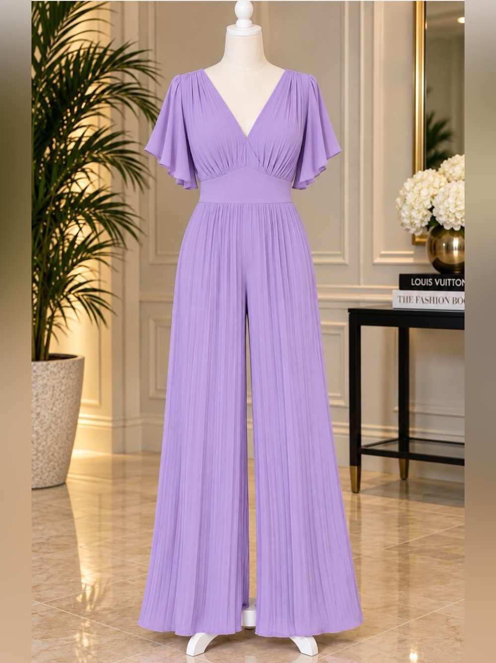 Elegant V-Neck Lilac Pleated Jumpsuit